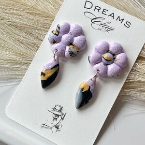 Handmade Lavender Flower Clay Earrings with Gold & Black Accents